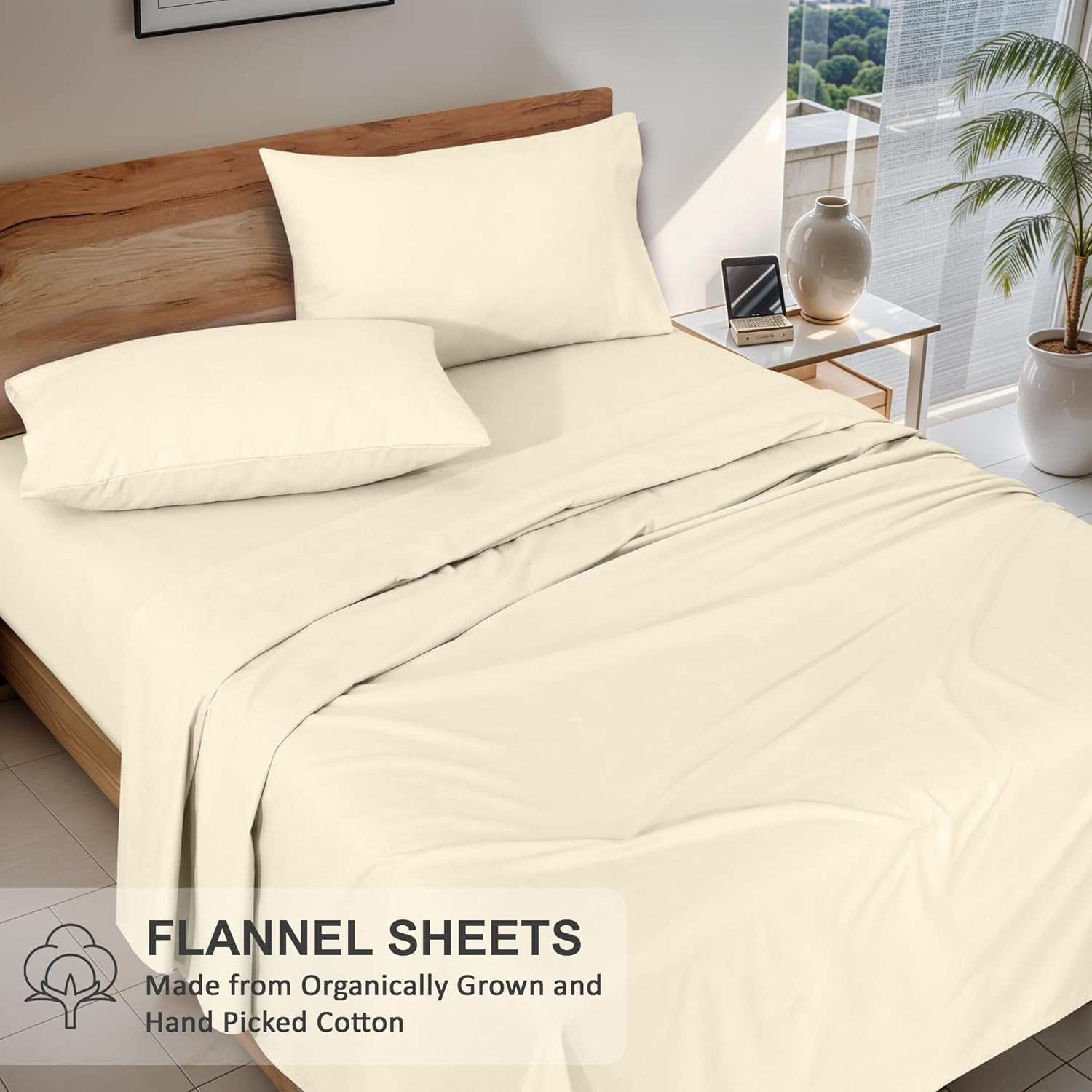 RUVANTI Organic Flannel Sheets Full Size - 100% Cotton Double Brushed Bed Sheet Set - Deep Pocket 16 Inches - All Seasons Breathable, Extra Soft, Warm & Cozy - 4 Pieces - Winter White image number 3