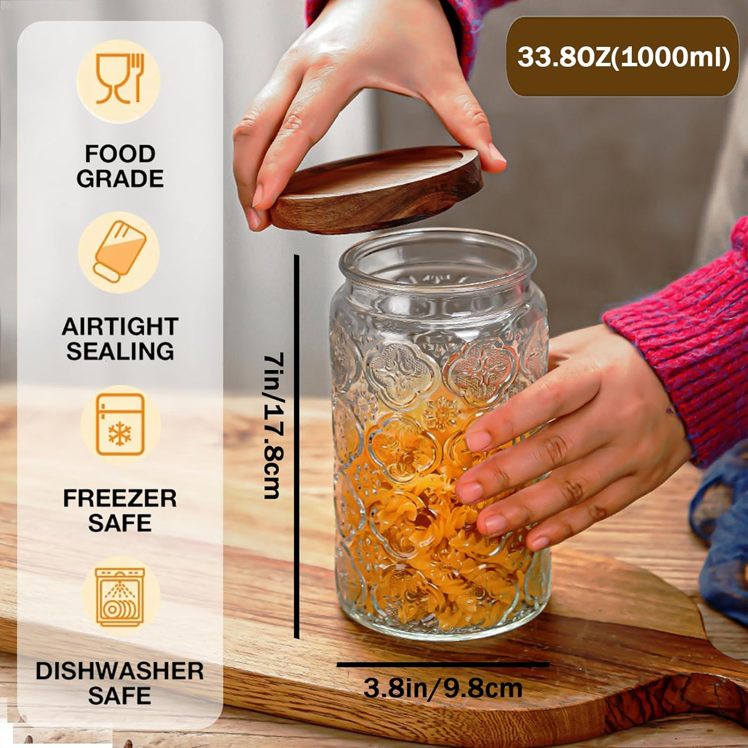 Vintage Glass Jar，34Oz/2Pcs Glass Storage Jar with Airtight Bamboo Wooden Lids，Glass Food Storage Containers for Kitchen Counter Pantry Coffee Beans Tea Oats Candy Jar (Stone Pattern+Flower) - Stone Pattern+Flower image number 6