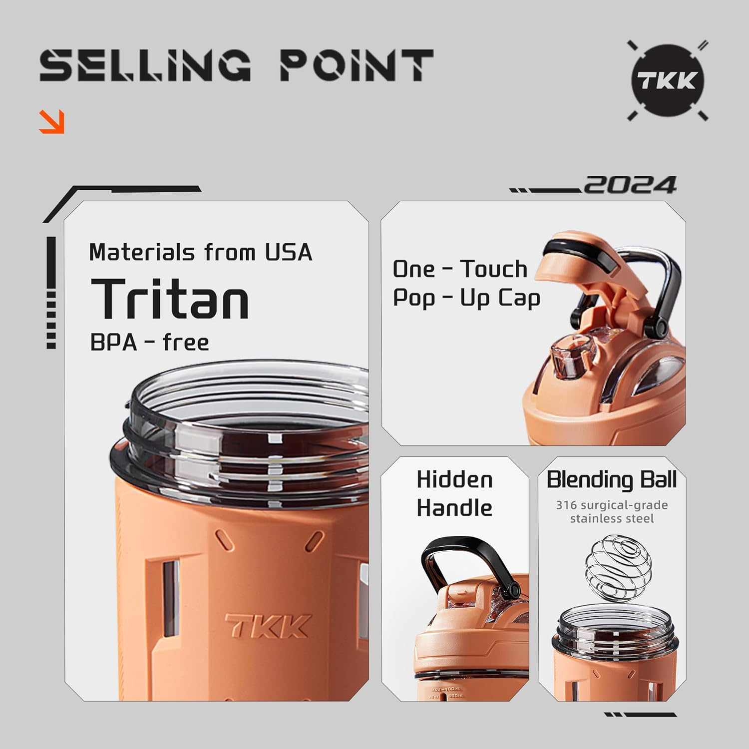 TKK 24Oz Protein Shaker Bottle with Blending Ball, BPA Free Tritan Plastic, Leak-Proof, One-Touch Lid, Non-Slip Grip, Sports & Fitness Use - Orange image number 2