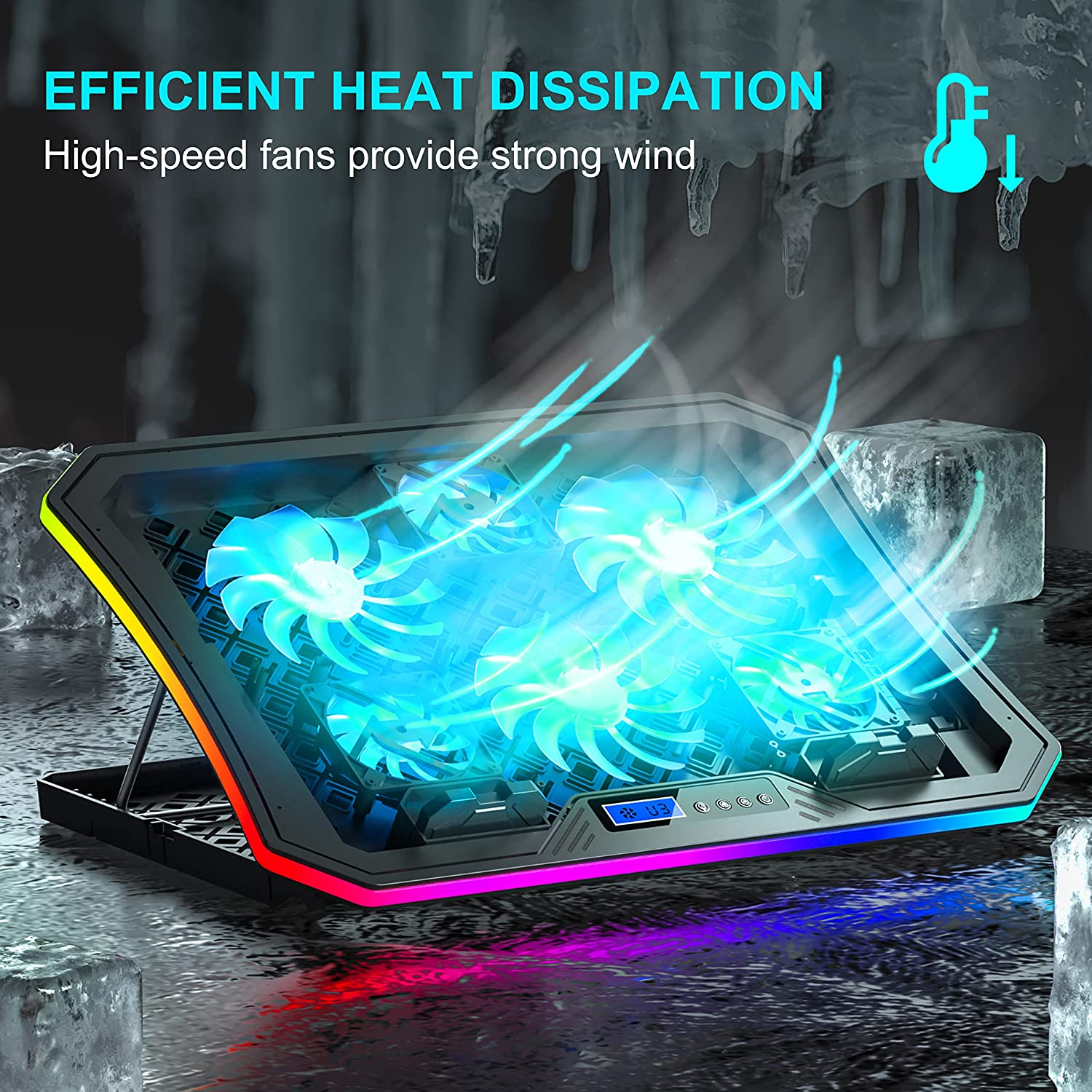 Topmate C12 Laptop Cooling Pad RGB Gaming Notebook Cooler for Desk and Lap Use, Laptop Fan Stand 8 Adjustable Heights with 6 Quiet Fans and Phone Holder, for 15.6-17.3 Inch Laptops-Ice Blue LED Light image number 2