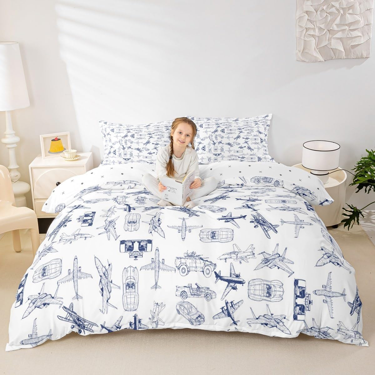 Aircraft Bedding Duvet Cover Set Kids Airplane Print Bedding Set Boys Girls Decor Aircraft Flying Comforter Cover Set Microfiber Sketch Style Blue White Bedspread Cover Bedroom Bedclothes Queen Size image number 4