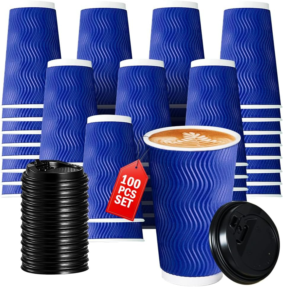 Vivva 12Oz 100 Pack Ripple Wall Paper Cups, Disposable Coffee Cups with Lids, to Go Paper Coffee Cups for Hot/Cold Beverages, Tea, Hot Chocolate, Juice. Ideal for Home, Restaurant, and Cafe (Blue) - Black - 8Oz image number 3