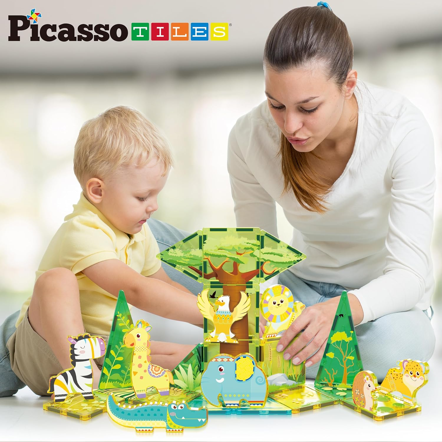 Picassotiles Magnet Tile Building Blocks Safari Themed Playset with 8 Animal Character Action Figures Magnetic Tiles STEM Learning Imaginative Play Toy Construction Set Preschool Toddler Ages 3+ PTQ22 image number 3