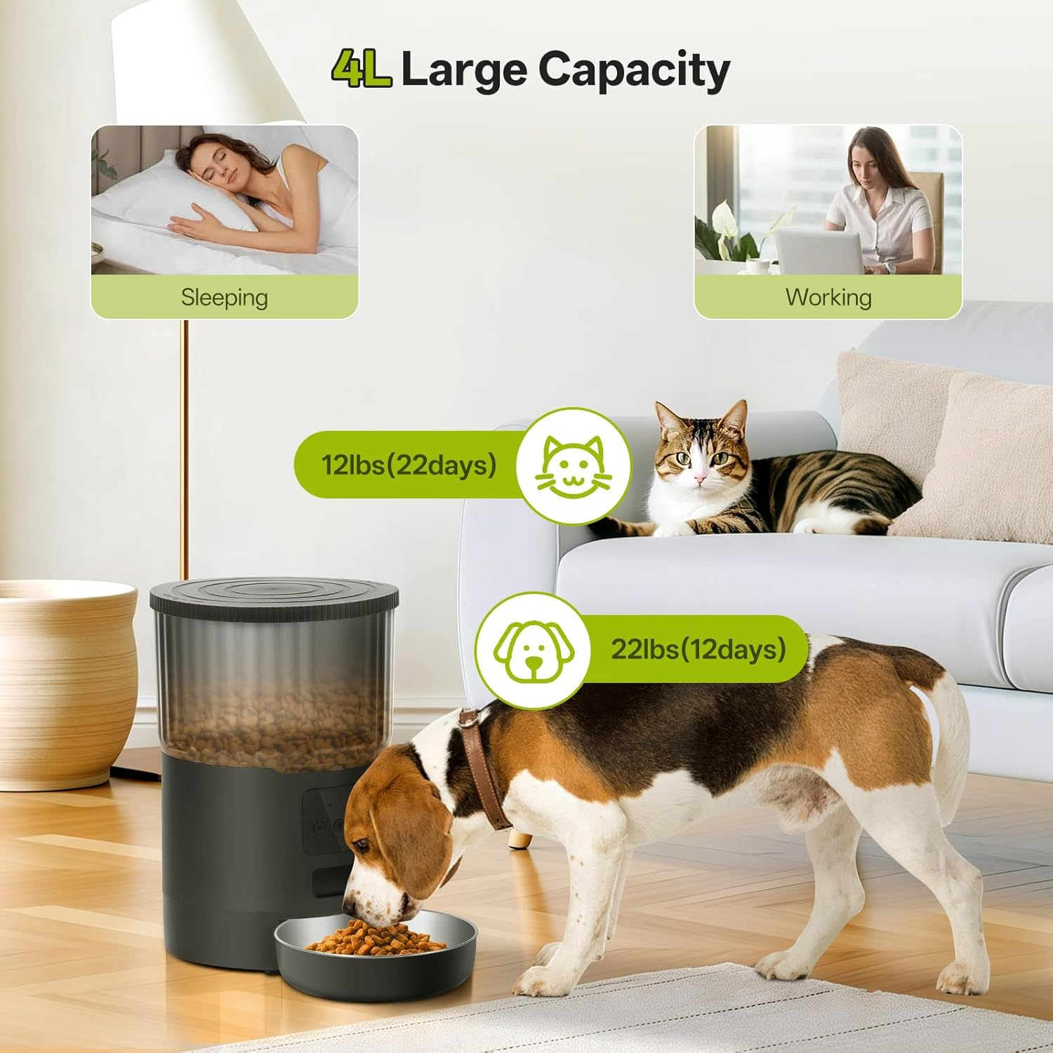 Mukkela Wifi Automatic Cat Feeder, 4L Timed Cat Dry Food Dispenser with 10S Voice Recorder, APP Control, Auto Pet Feeder up to 10 Meals per Day for Cats, Dogs, Dual Power Supply (Black) image number 3