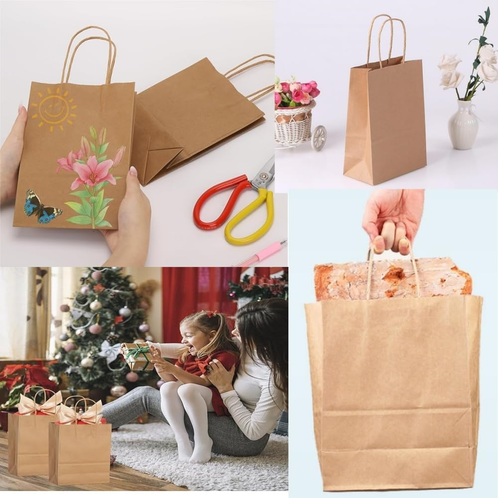 Jindizi 50 Pcs Natural Paper Gift Bags Kraft Paper Bags with Handles,Gift Bag,Small Gift Bags，For Gifts,Business, Shopping, Retail Merchandise Bags（21 * 27 * 14Cm） image number 1