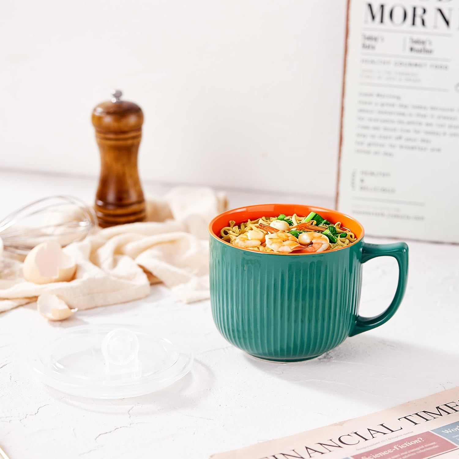 900Ml/32Oz Ceramic Soup Bowl with Handle & Lid - Microwave & Dishwasher Safe Large Ramen Bowl for Noodle, Cereal, Salad Soup Container with Lid - Green - Grey/Yellow image number 4