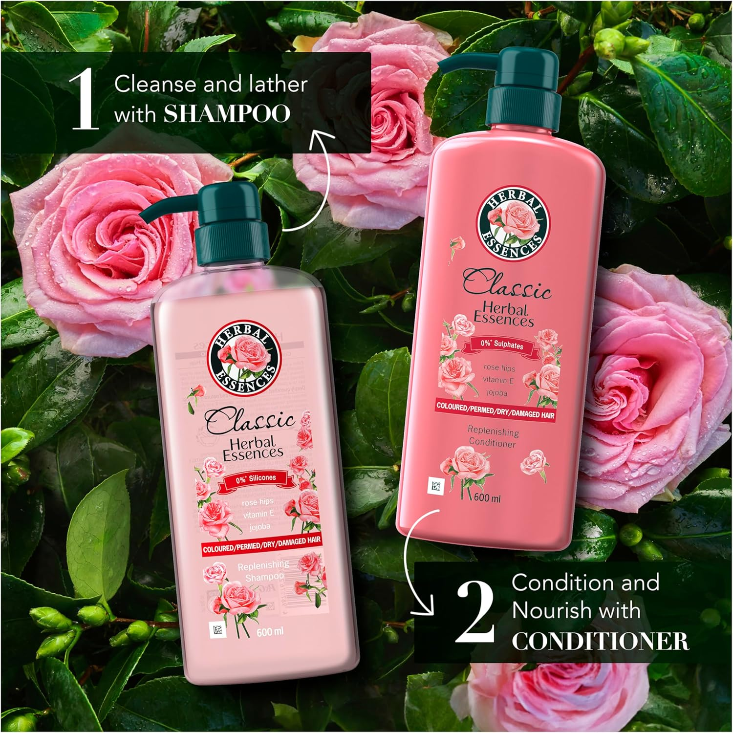 Herbal Essences Rosehip and Jojoba Replenishing Shampoo, 600 Ml (Pack of 2) image number 2