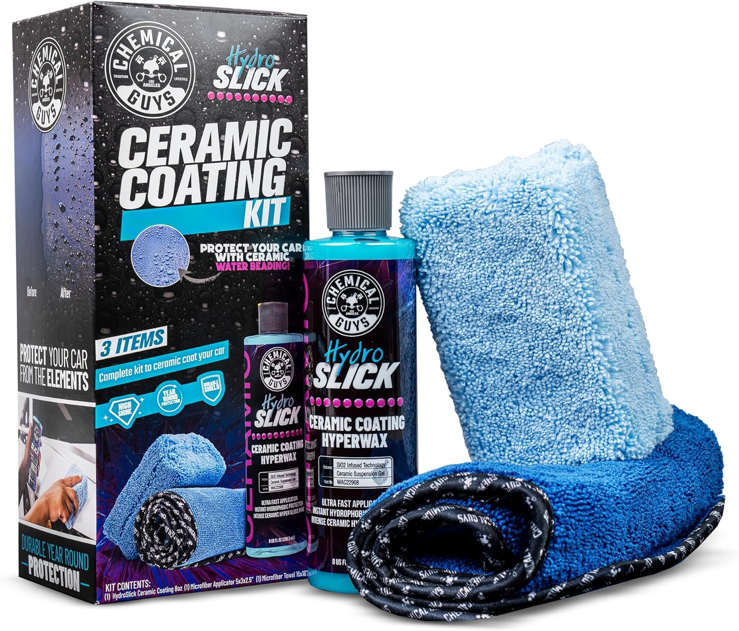 Chemical Guys Hydroslick Ceramic Coating Kit &ndash; Hydrophobic Paint Protection &ndash; Includes Ceramic Spray, Applicator & Microfiber Towel for DIY Sio2 Coating image number 1