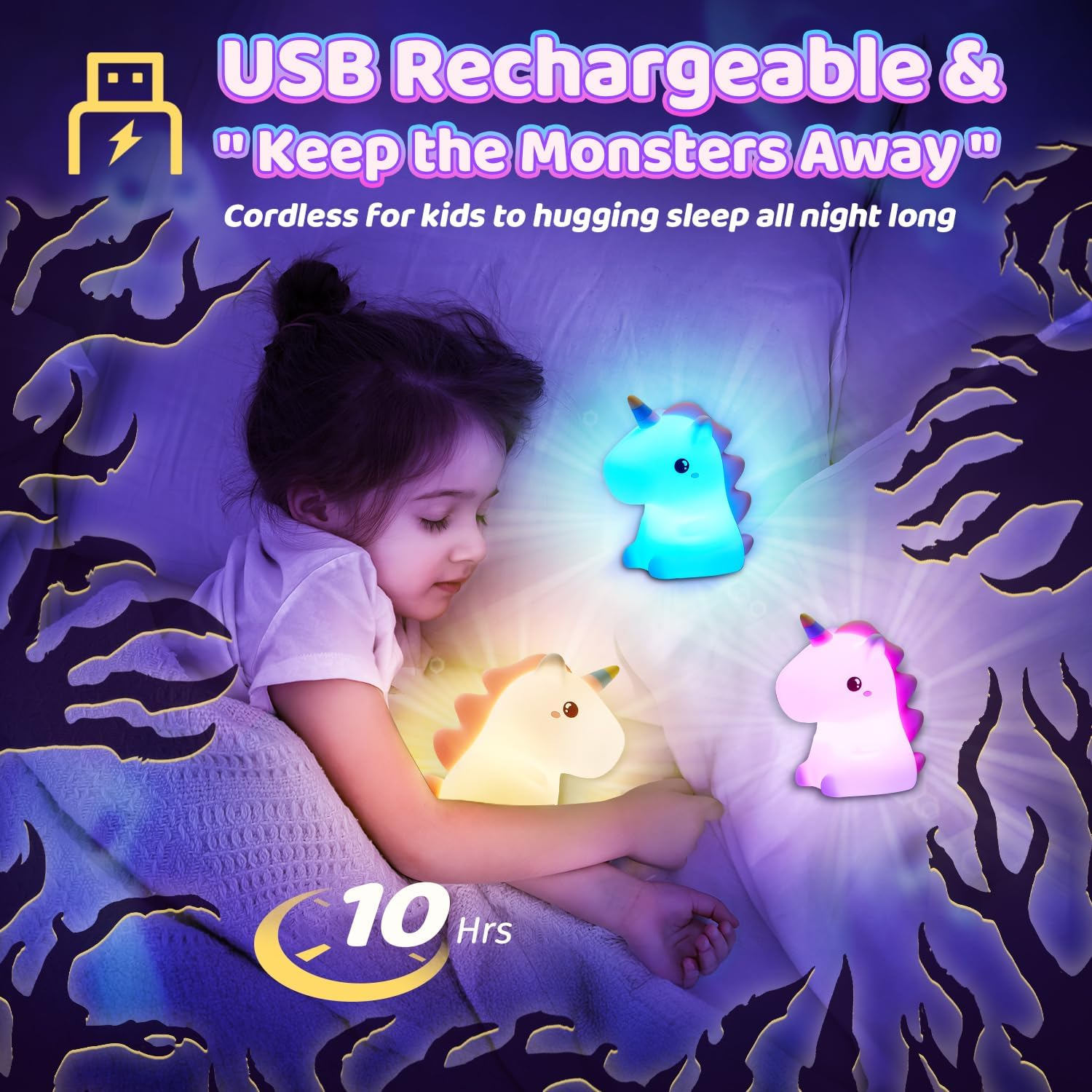 One Fire Unicorn Night Light, 16 Color Changing, LED, Rechargeable, Pink, Silicone, Kids Room Decor image number 6