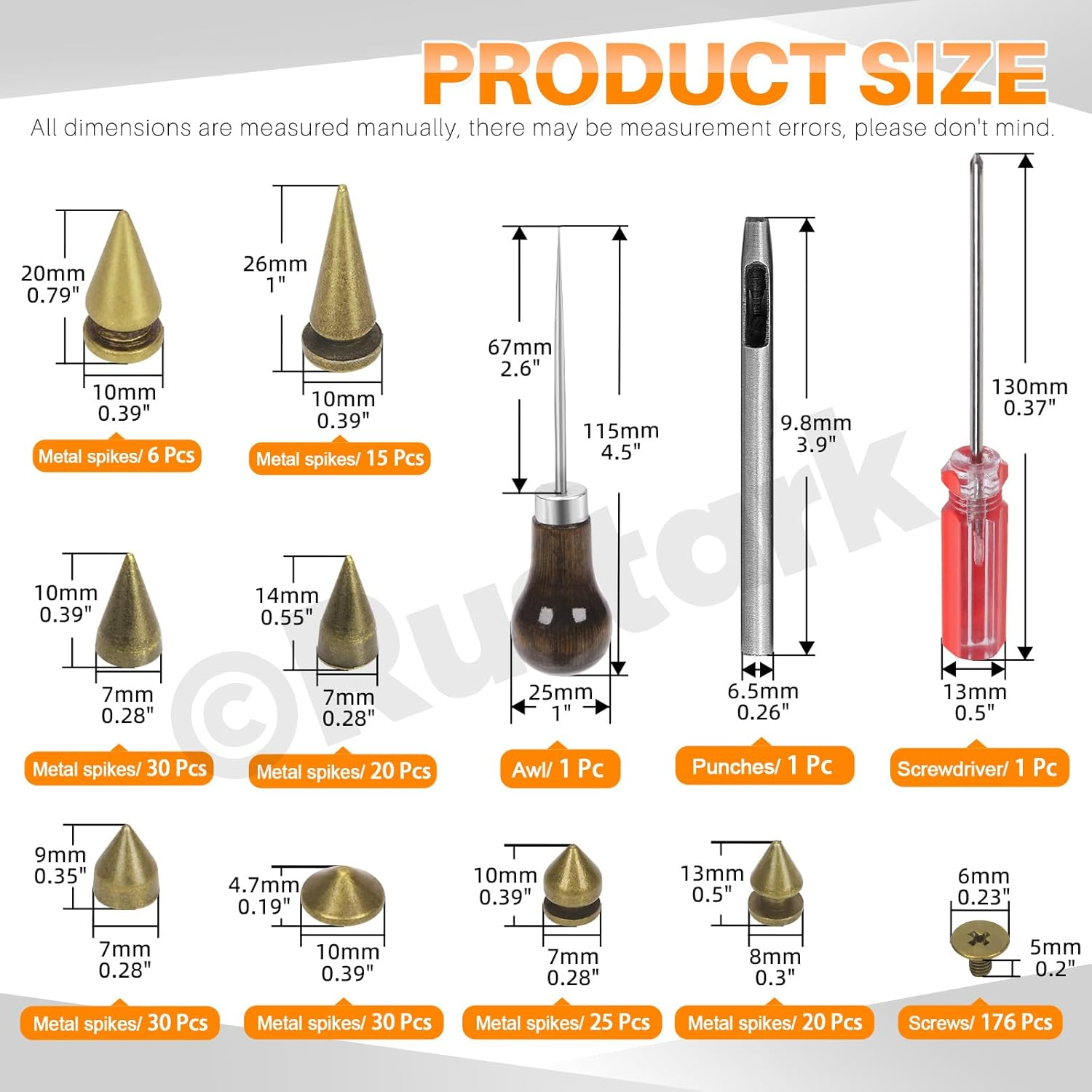 179Pcs 8 Sizes Antique Bronze Metal Punk Spikes and Studs Assortment Kit with Tools, Punk Rivet Studs Rivets Screw Screwback Studs Rivets for Punk Style Clothing Accessories Craft Decoration - Gun Black image number 2