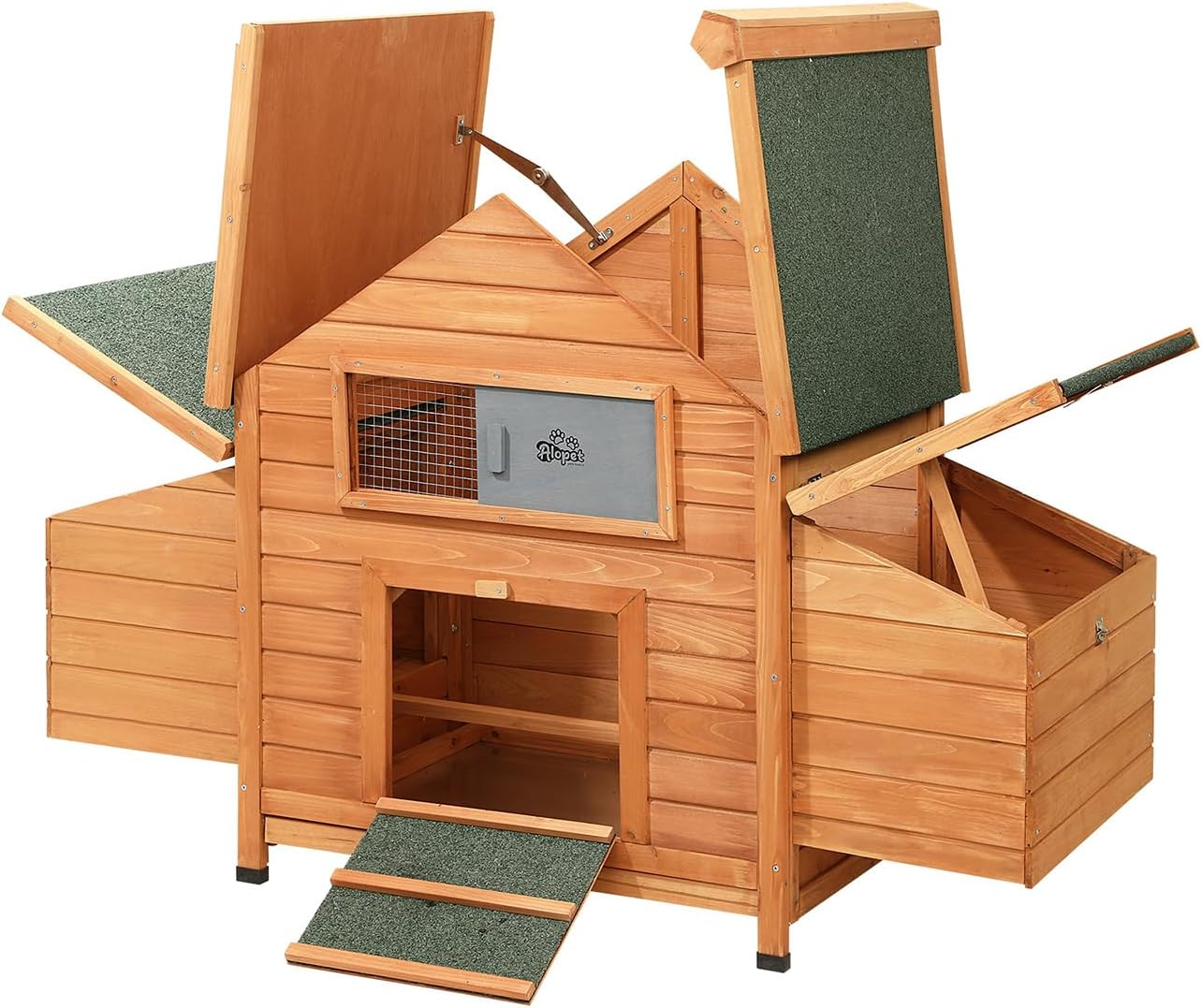 ALOPET Wooden Chicken Coop Rabbit Hutch, Large Pet House Run Cage W/Front Door, Sliding Window, Openable Asphalt Roof Outdoor Pet Hutch for Bunny Guinea Pig Small Animals, 150X68X96Cm, Brown & Green image number 3