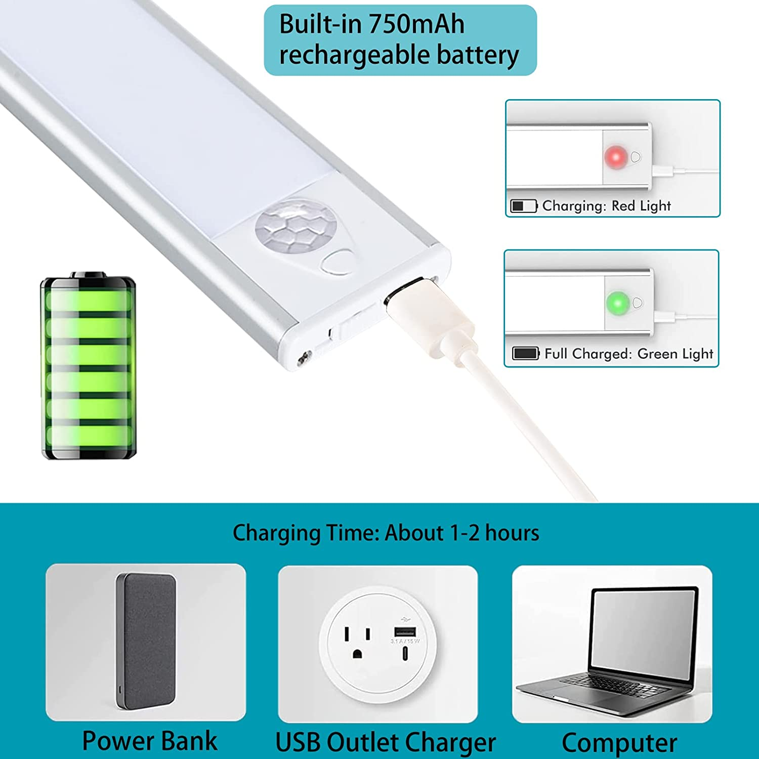 Closet Lights, under Cabinet Lighting, 31-LED 6000K Wireless USB Rechargeable Motion Sensor Night Light Bars with Battery Operated for Wardrobe/Stairs/Hallway/Camping/Kitchen (Silver, 20Cm-3Pc) image number 6