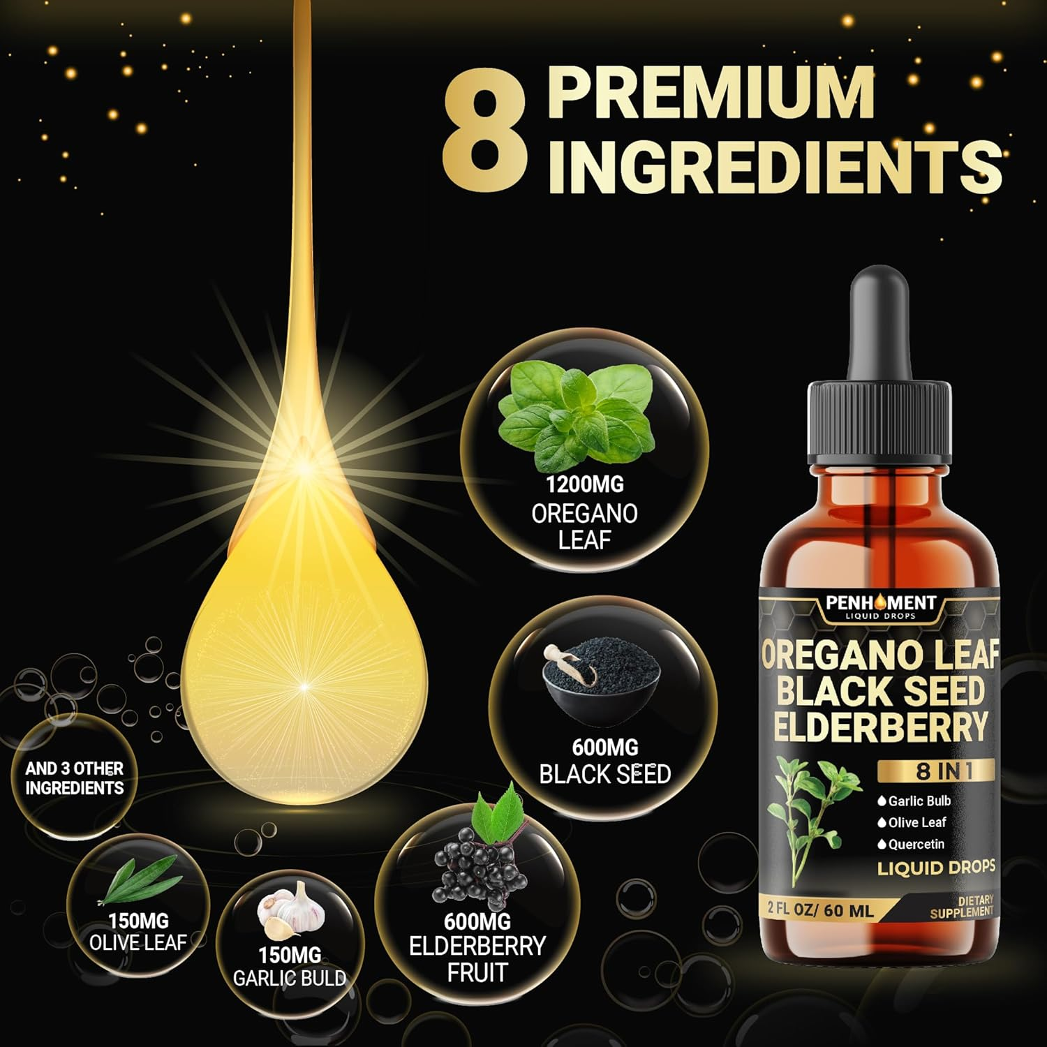 Penhoment 8In1 Oil of Oregano Drops with Black Seed Oil Liquid | Contains Carvacrol | Garlic, Elderberry, Olive Leaf, Quercetin, Bromelain - 2 Fl Oz image number 1
