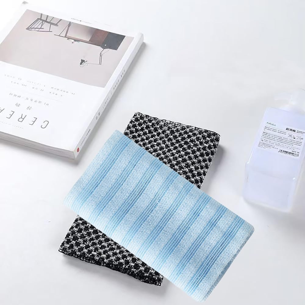 2 Pack Back Scrubber for Shower Bath, Exfoliating Body Scrubber, Japanese Scrub Wash Cloth, Exfoliating Washcloth Towel for Men Women, Body Exfoliator Loofah Luffa Sponge Net Rag Back Washer (Checkered & Blue) image number 5