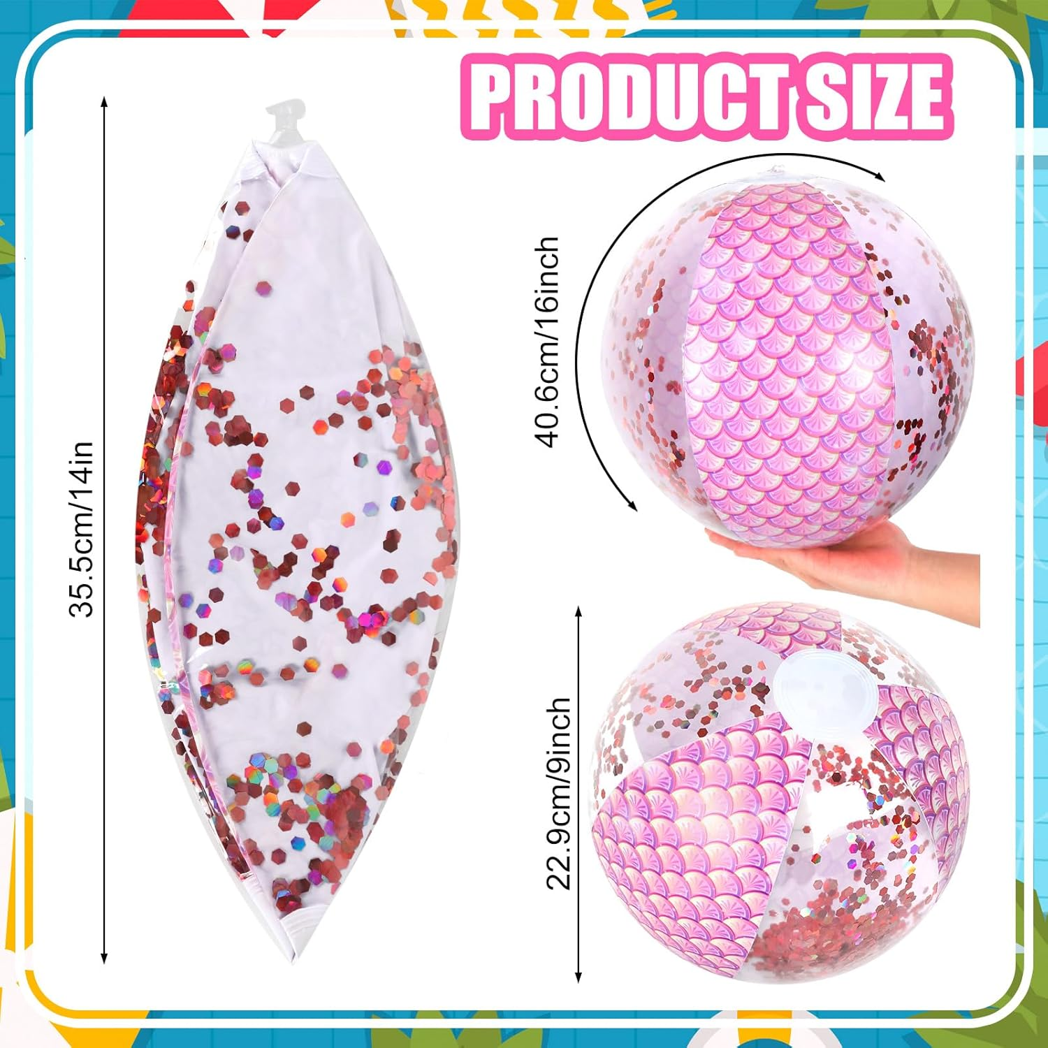 Whaline 3Pcs 16'' Mermaid Inflatable Beach Ball Glitter Pool PVC Balls Game Play Balloons for Summer Hawaiian Tropical Theme Beach Party Decorations Water Sand Game Accessory, Pink Blue Purple image number 2
