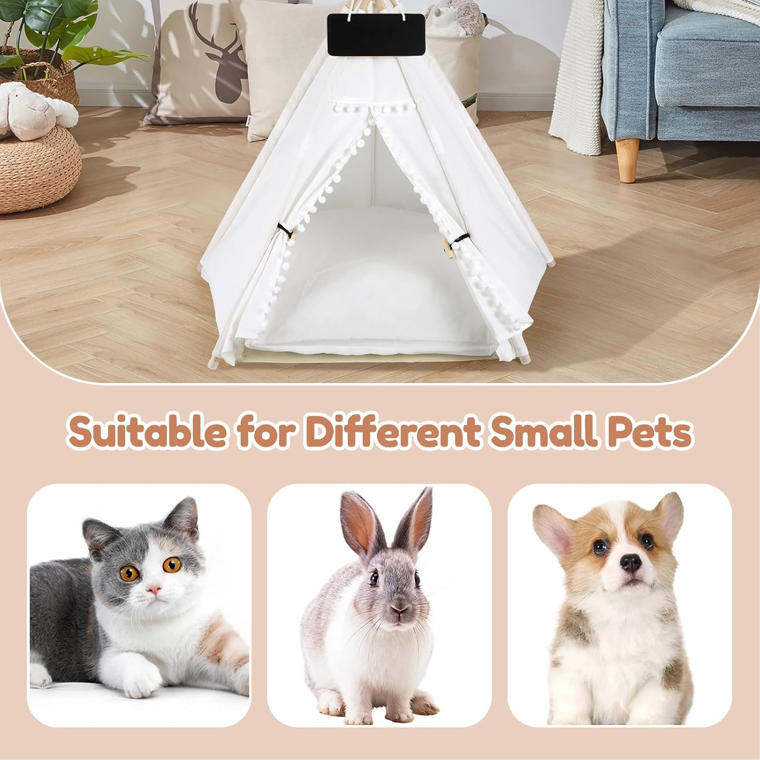 Pet Teepee for Cats Dogs - 20 X20 X 24In Cat Teepee with Thick Cushion for Cats Dogs Rabbits, Washable Dog Tent with Blackboard, Indoor Pet House for Puppies, White image number 5