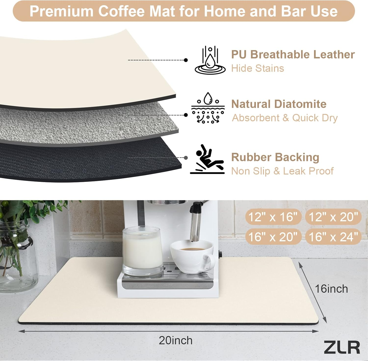 ZLR Coffee Mat - 16" X 20" Large Kitchen Absorbent Mat for Countertop - Easy to Clean Coffee Bar Mat for Espresso Machine, Dish Drying and Spill Protection - Creamy image number 4