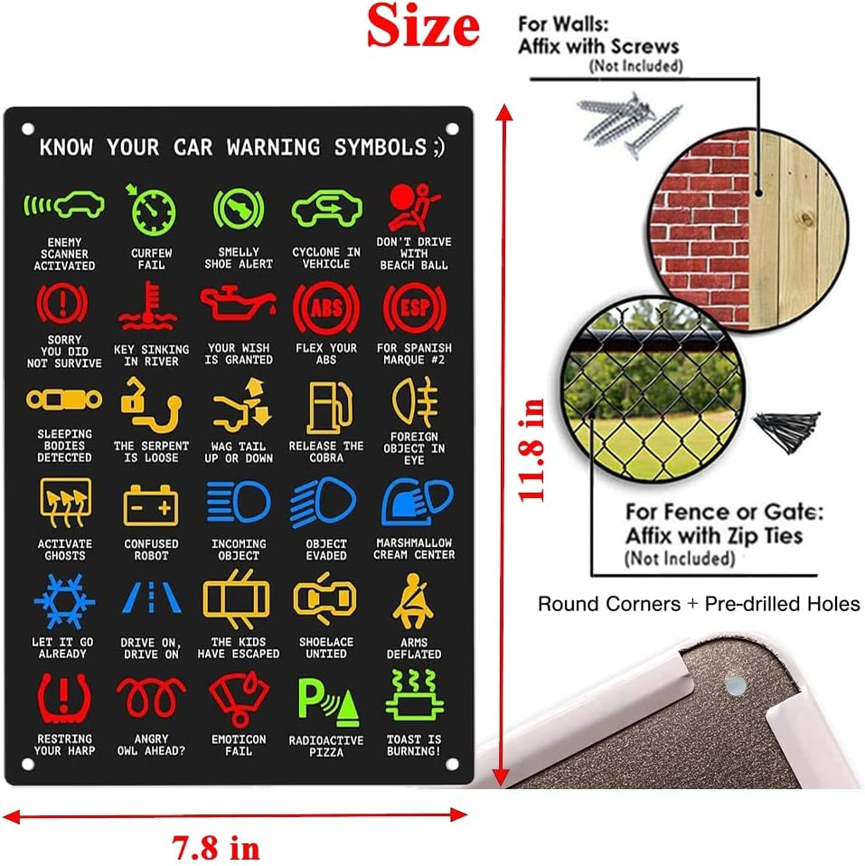 ERMUHEY Know Your Car Warning Lights Mechanics Funny Sarcastic Sign Metal Tin Signs, Poster Home Office Restaurants Bedroom Outdoors Man Cave Wall Decor Plaque 12X8 Inch, Multicolor image number 1
