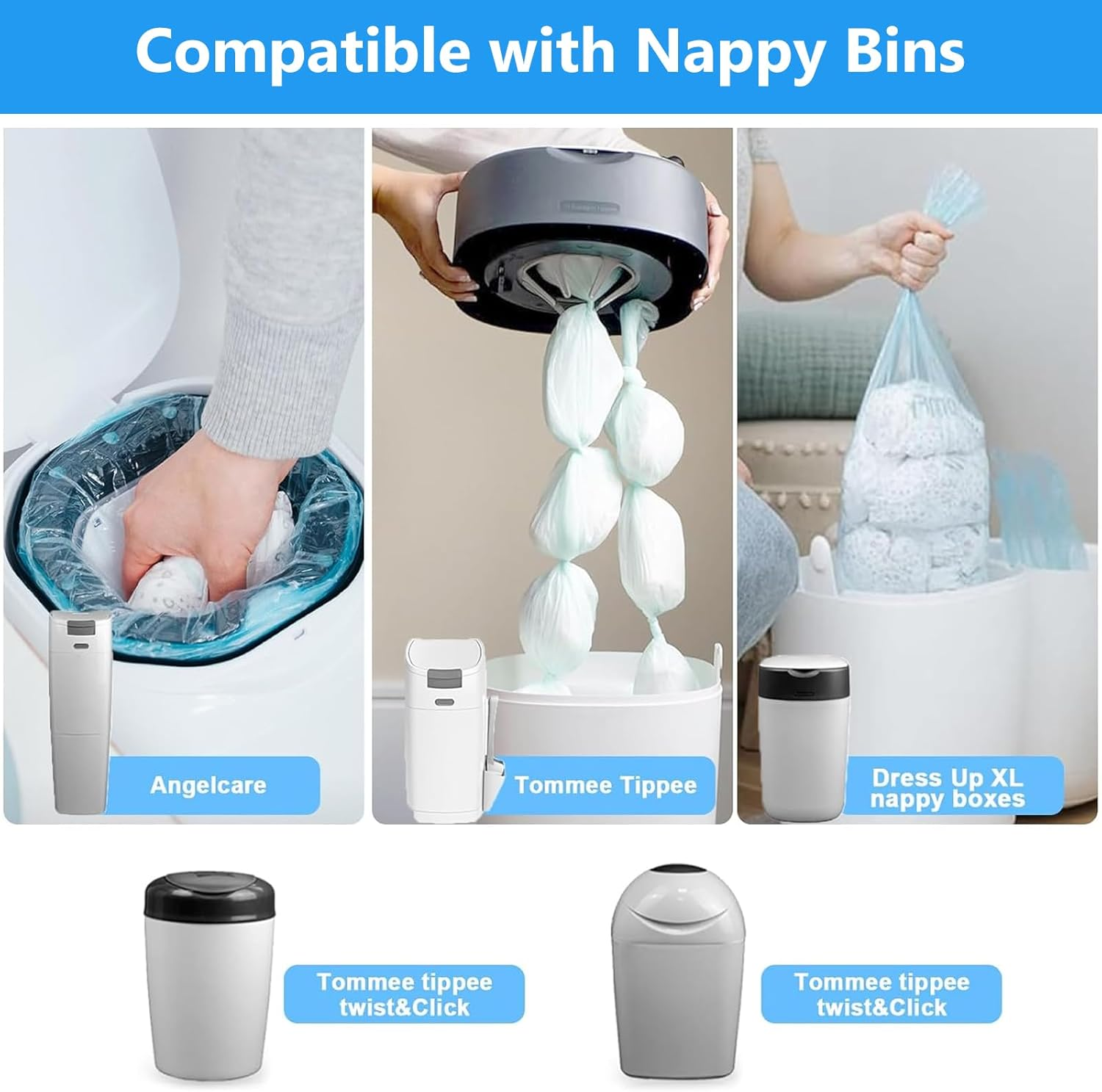 6 Pack Nappy Bin Refills,Smellproof,Each Bag 4.5M Long, Hold Upto 290 Nappies,Refill Bags,Diaper Bin Pail Disposal Bags,Compatible with Various Refill Cassettes,Twist & Click image number 3