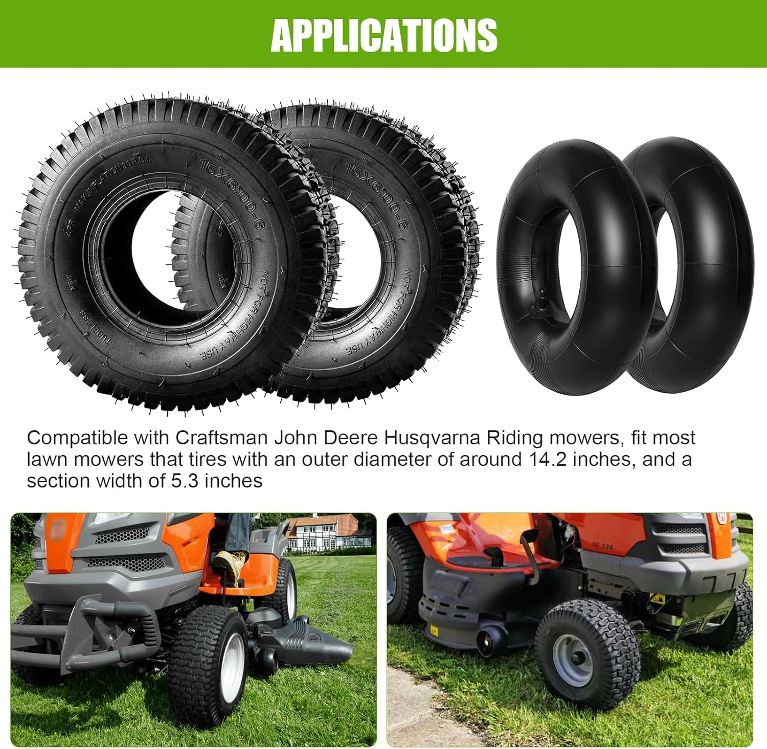 2 Pack 15X6.00-6 Tire and Inner Tube Set TR-13 Straight Valve Stem Natural Rubber 4 Ply with Tube 400 Lbs Capacity Replacement Riding Mower Front Wheel Assembly