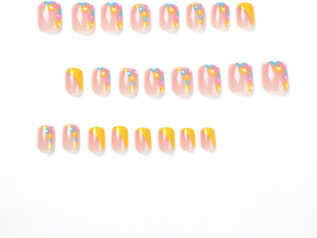 Yellow Short Square Shape Press on Nails, 24 PCS Artificial Fake Nails with Flower Decoration Design Full Cover French False Nails,For Women and Girls Nail image number 4