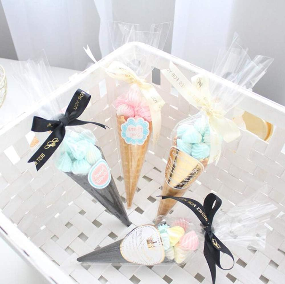 200PCS Cone Cellophane Bags, Betterjonny 13 * 25CM Clear Plastic Sweets Bags with Twist Ties, Triangle Party Cellophane Bag for Lolly Popcorn Cookies Candy Snacks Flowers&Graduation Birthday Wedding