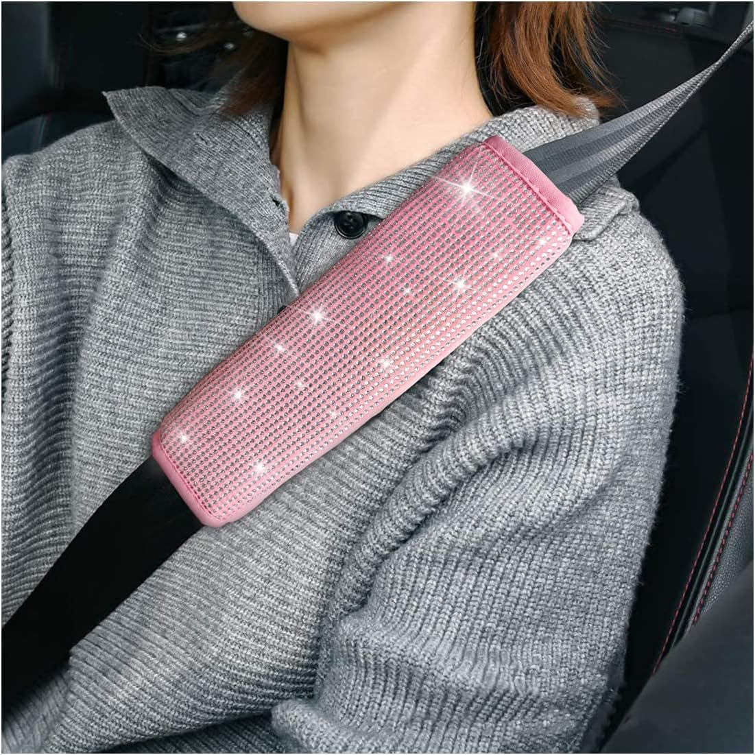 Bling Car Seat Belt Shoulder Pads, 2PCS Rhinestone Crystal Auto Seat Belt Covers, Diamonds Glitter Seatbelt Cushions for Women Girl, Car Decor Accessories for Most Cars, Trucks, SUV (Pink)