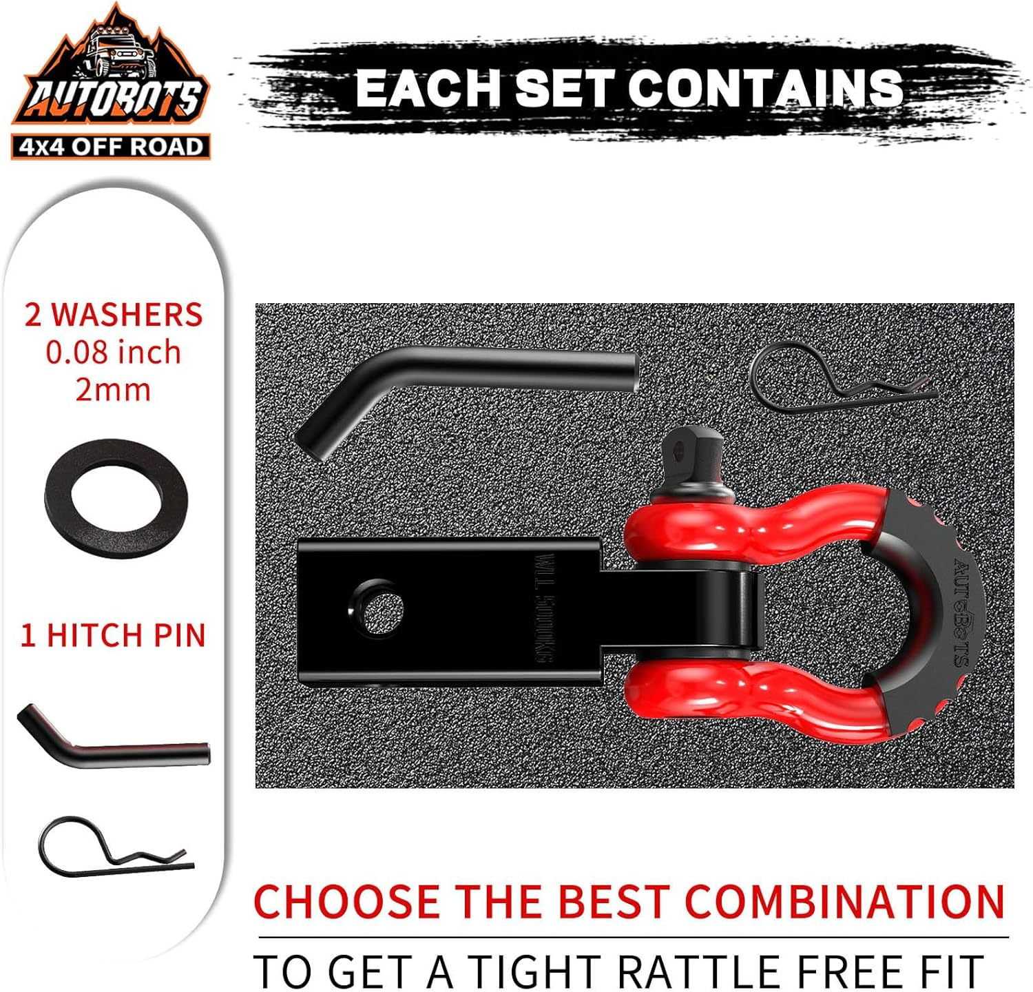 AUTOBOTS Tow Hitch Receiver 2", 45,000 Lbs Break Strength Heavy Duty Receiver with 5/8" Screw Pin, 3/4 Shackle, Towing Accessories for Vehicle Recovery Off-Road Red&Black image number 6
