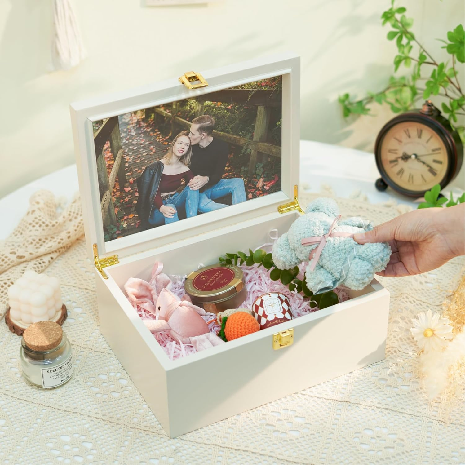 Larger Wooden Memory Keepsake Boxes with Hinged Lids and a Photo Frame inside the Lid - Decorative Storage Box with a Hinge Lids for Picture Letter Time Capsule - 5.3&ldquo;*8.6&rdquo;*11.7&ldquo; Off-White - Black image number 2