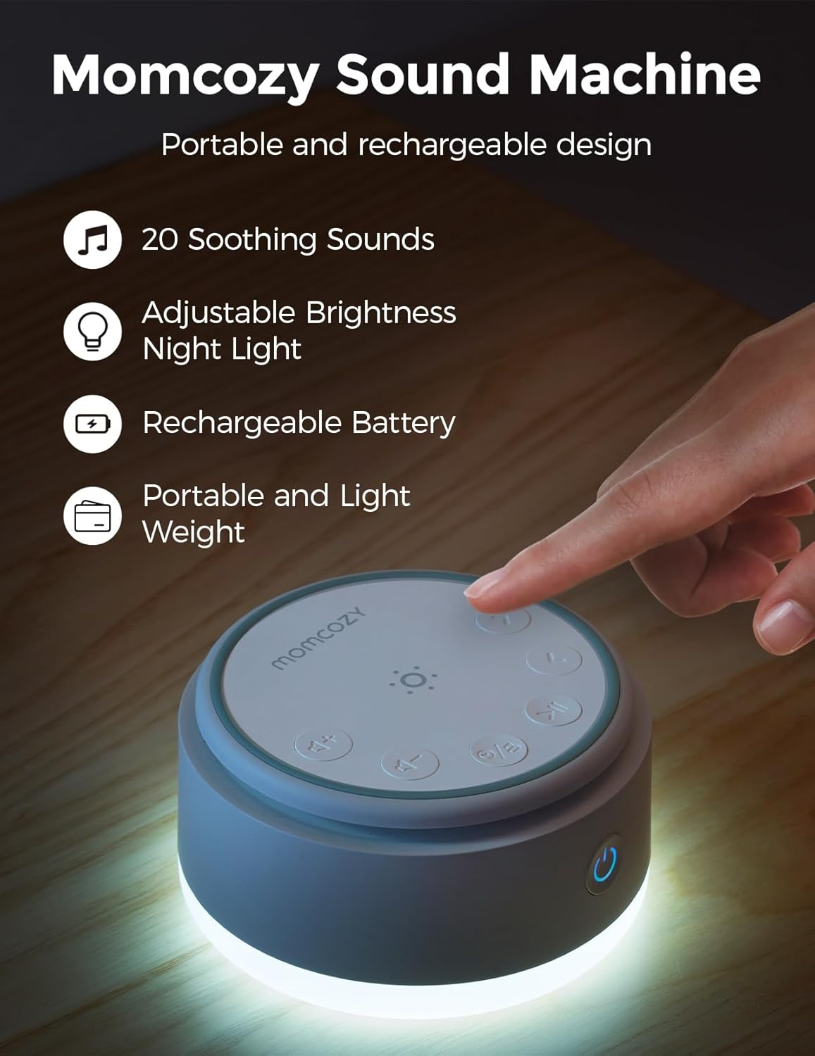 Momcozy White Sound Machine for Baby Kids - Portable Sound Machine with Night Light, 20 Soothing Sounds for Sleeping, Personalized Timer and Memory Function（Cold Light） image number 1