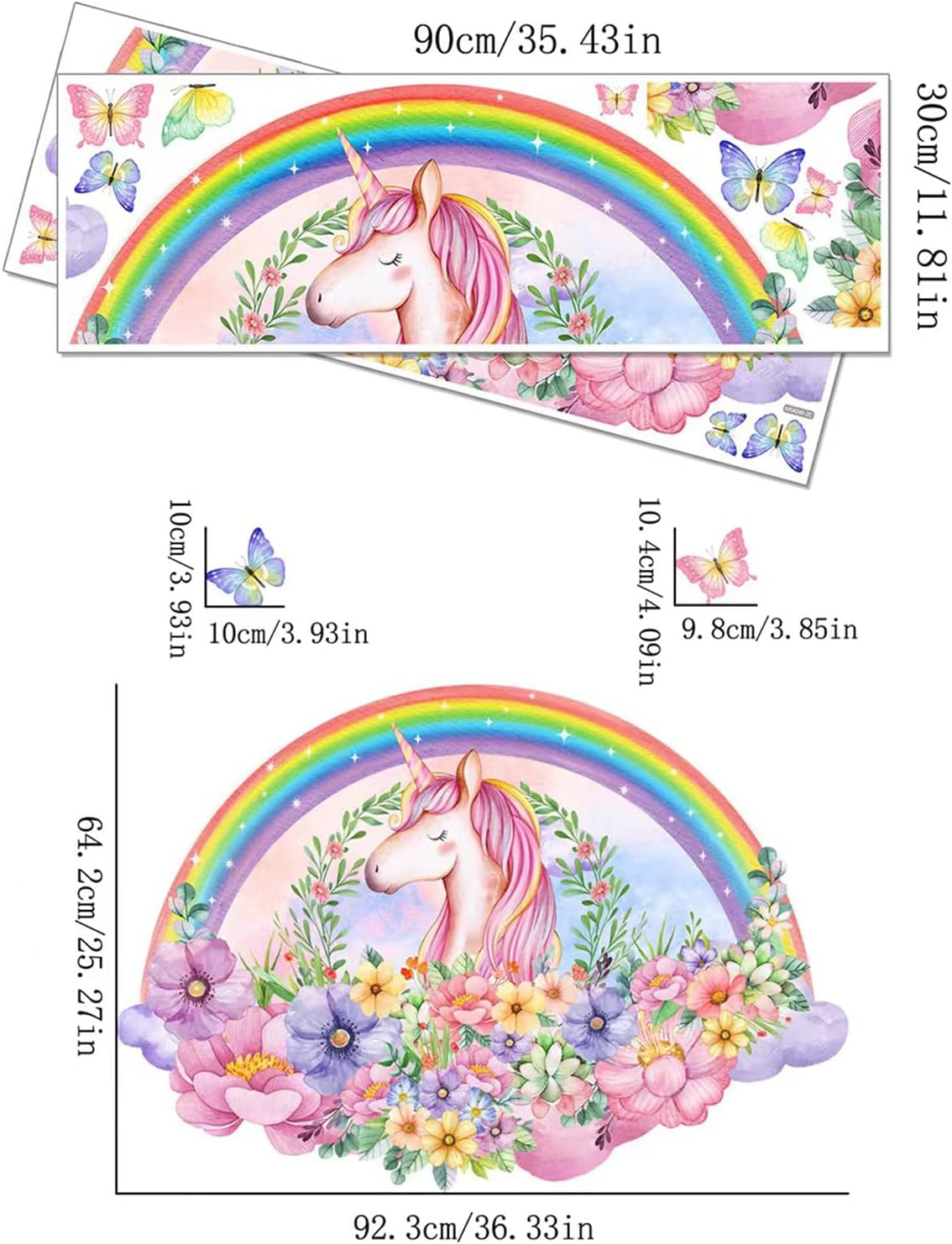 Unicorn Wall Decals, Rainbow Flowers Butterfly Wall Stickers, Girls Bedroom Living Room Kitchen Wall Door Decor