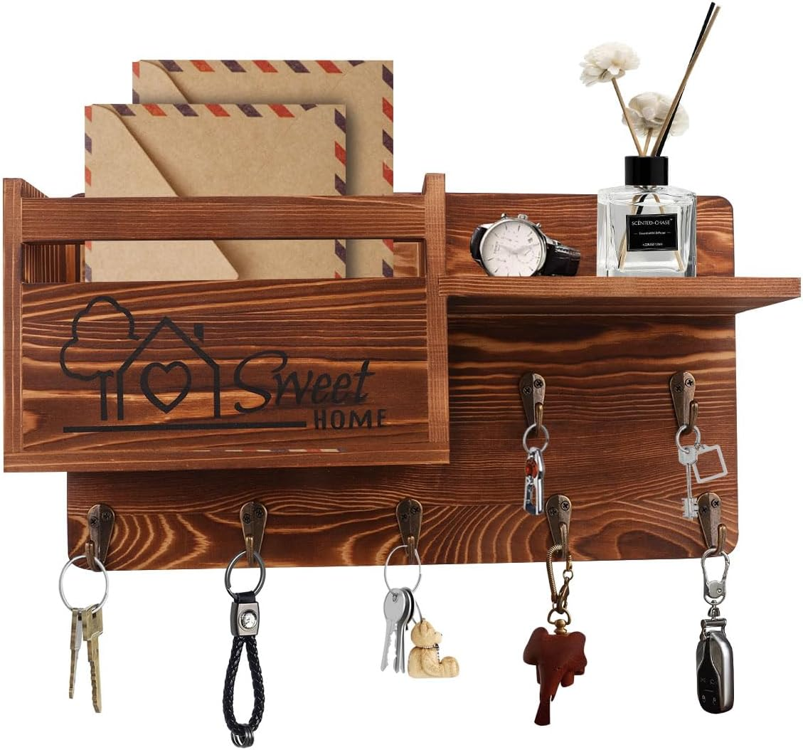 Gocokia Key Hanger Organizer, Mail and Key Holder for Wall Decorative, Wall Shelf with 7 Key Hooks, Wall Mounted Key Hangers with Mailbox, Home Decor (Brown)