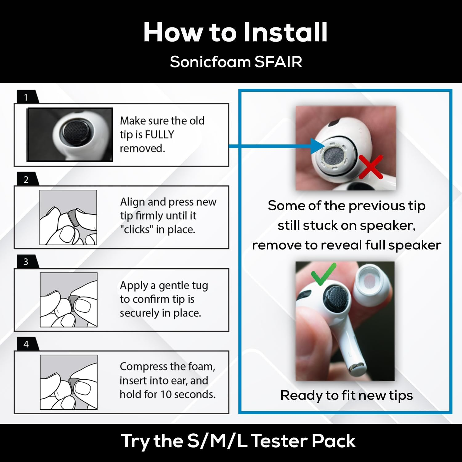 SONICFOAM Memory Foam Earbud Tips - Premium Noise Isolation, Replacement Foam Ear Tips, 10 Pack for Airpods Pro (SFAIR Medium, Black) image number 4