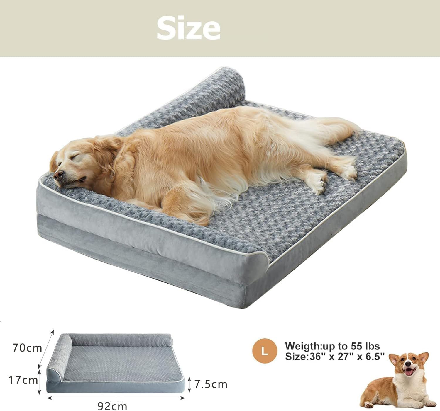 Orthopedic Dog Beds for Large Dogs-Waterproof Sofa Dogs Bed with Removable Washable Cover, Large Pet Bed with Waterproof Lining and Nonskid Bottom,Pet Bed for Larges Dogs, Grey (L) image number 1