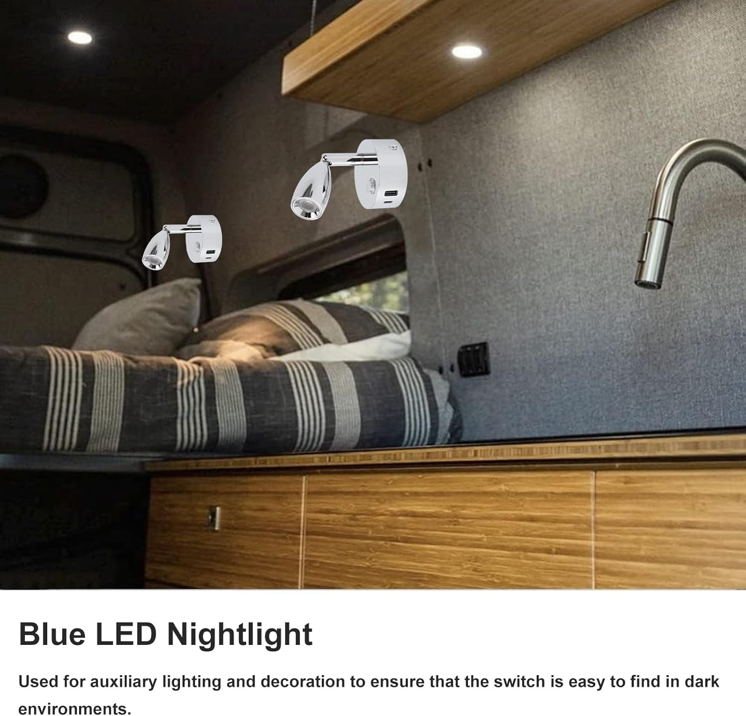 12V Campervan Lights - USB Port Matte RV Reading Lamp with 3-Color Temperature & Dimmable Touch Switch, 12V LED Spot Lights for Wall Sconce (Cr Plated) - Black Plated image number 3