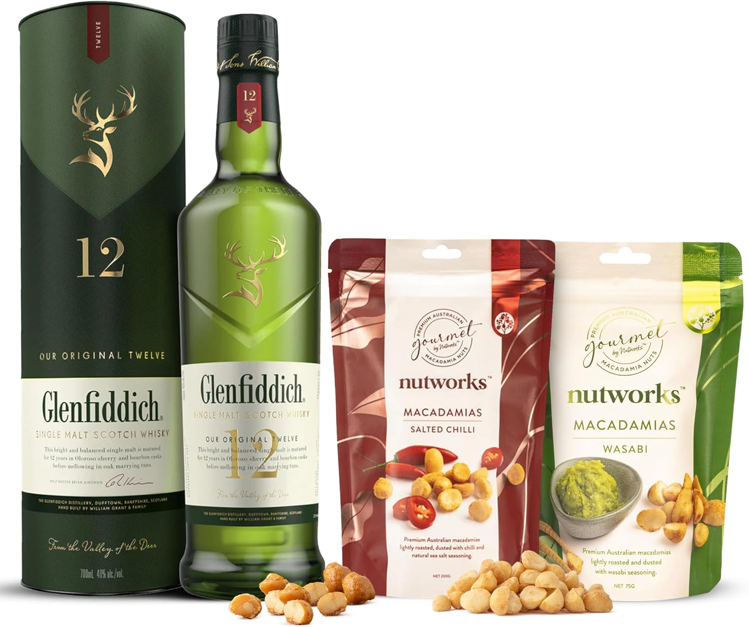 Luxury Whisky Gift Hamper, Includes Glenfiddich 12-Year-Old, Salted Chilli & Wasabi Macadamias, Perfect Birthday or Thank You Gift