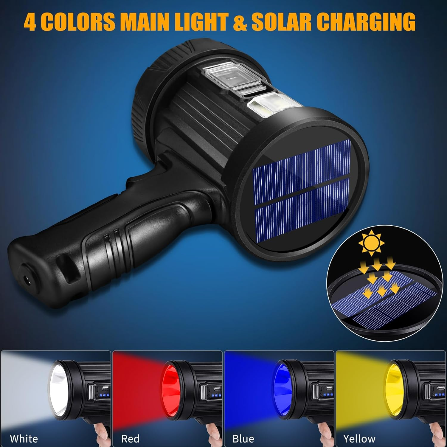 Rechargeable Spotlight, 3000 Lumens Bright LED Spotlight Flashlight, Long Running Spot Light Searchlight, Outdoor Handheld Spotlights with Solar Panels for Hunting,Camping,Boat,6 Spotlight Modes image number 3