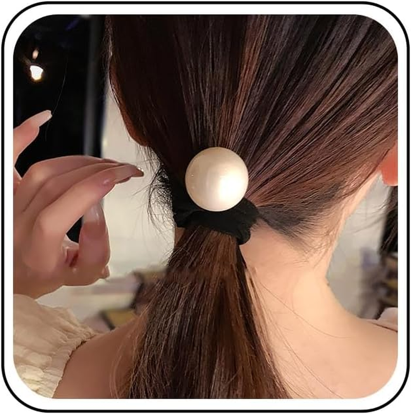 Inateannal Pearl Elastic Hair Bobbles Large Pearl Hair Bobbles Scrunchies Black Ponytail Holder Hair Band Rope Pearl Hair Accessories Hair Rope Jewellery for Women image number 2