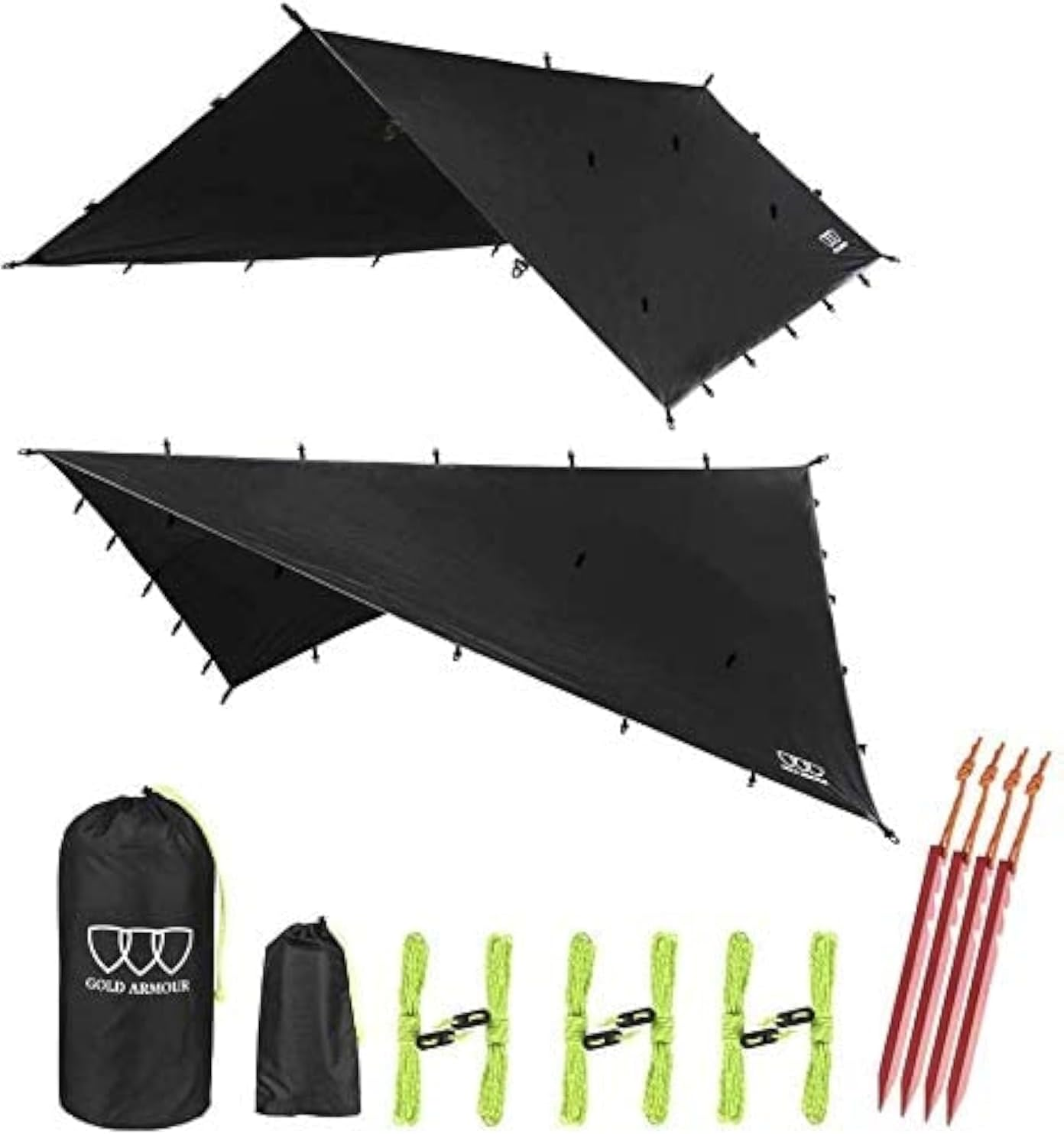 Gold Armour 12Ft Extra Large Tarp Hammock Waterproof Rain Fly Tarp 185In Centerline - Lightweight Ripstop Fabric - Stakes Included - Survival Gear Backpacking Camping Accessories (Black)