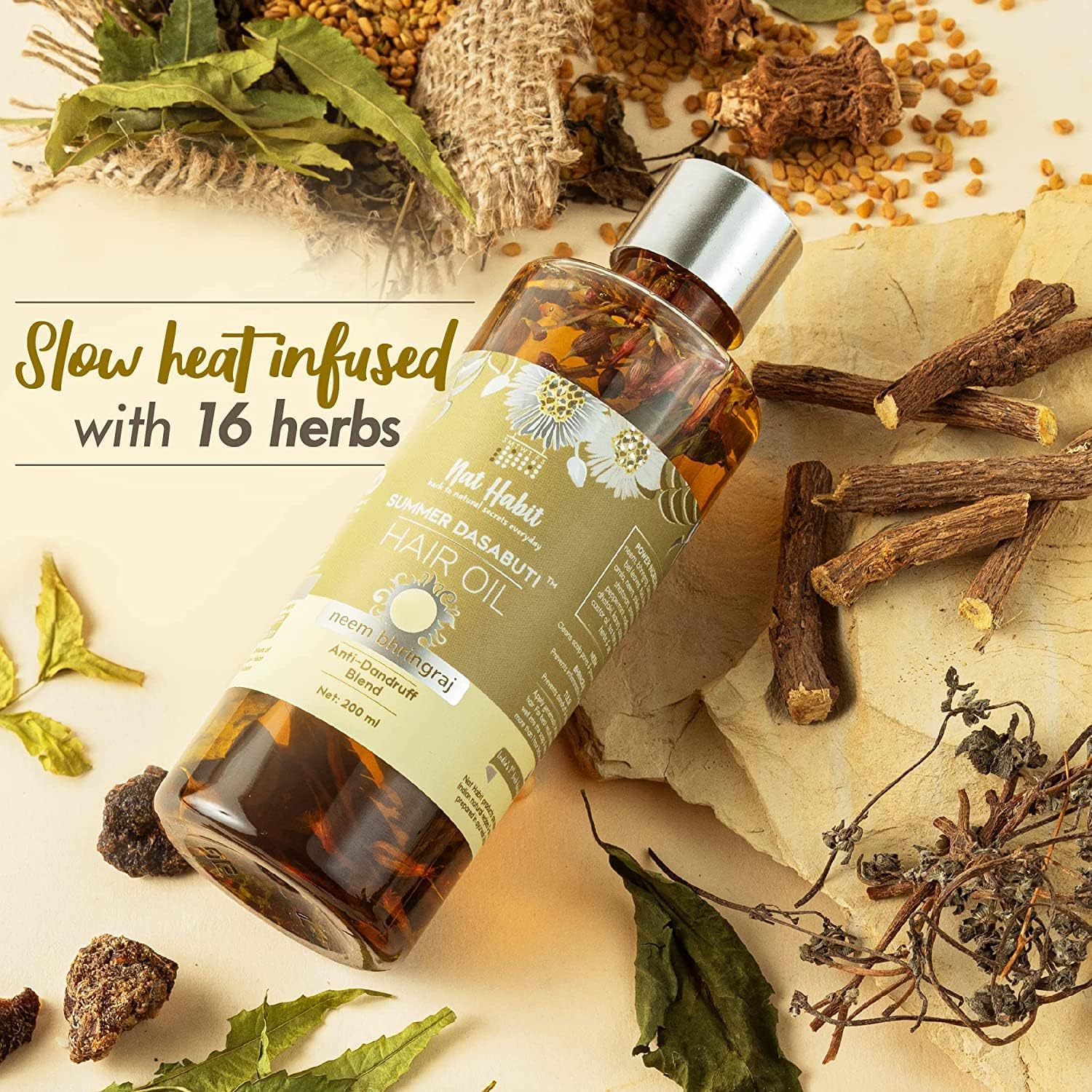 Nat Habit Wide Tooth Wooden Kacchi Neem Comb & Neem Bhringraj Dasabuti Hair Oil for Dry and Frizzy Hair, with Castor, Coconut & Amla - Combo Pack of 2 image number 2