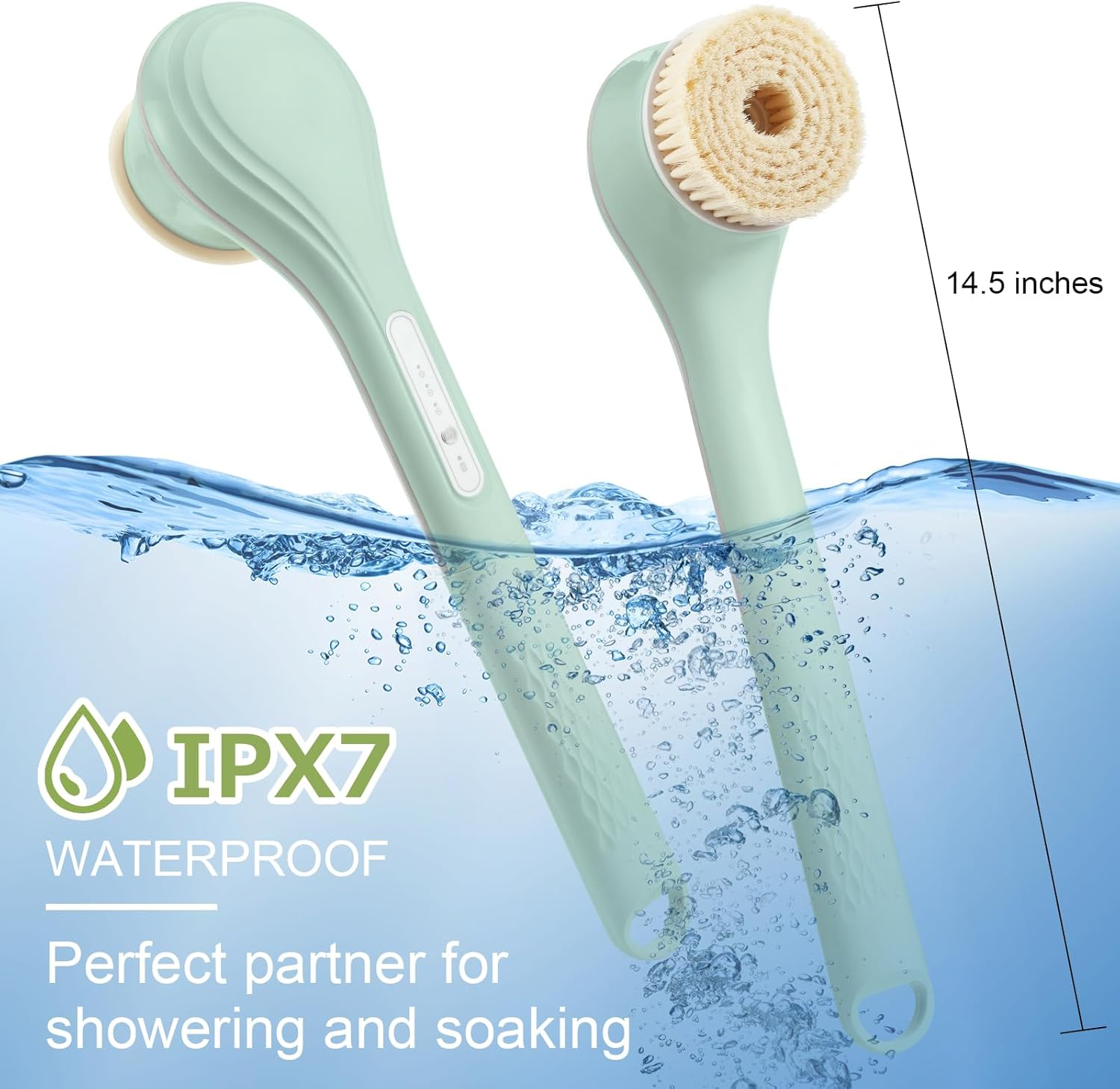 LINGSFIRE Electric Body Bath Brush, Rechargeable Back Scrubber for Shower, Long Handle Exfoliating Bath Brush for Shower, Lotion Applicator for Back, Silicone Body Scrubber with 6 Shower Brush Heads image number 3