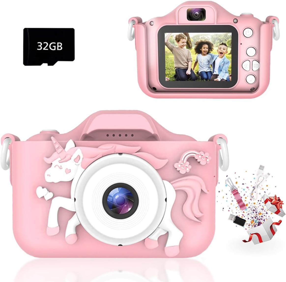 Kids Camera Gifts for 3-8 Year Old Boys Girls, IGGDOQI Children Digital Camera with Silicone Cover, HD Video 2 Inch Screen for Outdoor Play with 32GB TF Card & Card Readers for Boys Girls Gift (Pink) - Green image number 4
