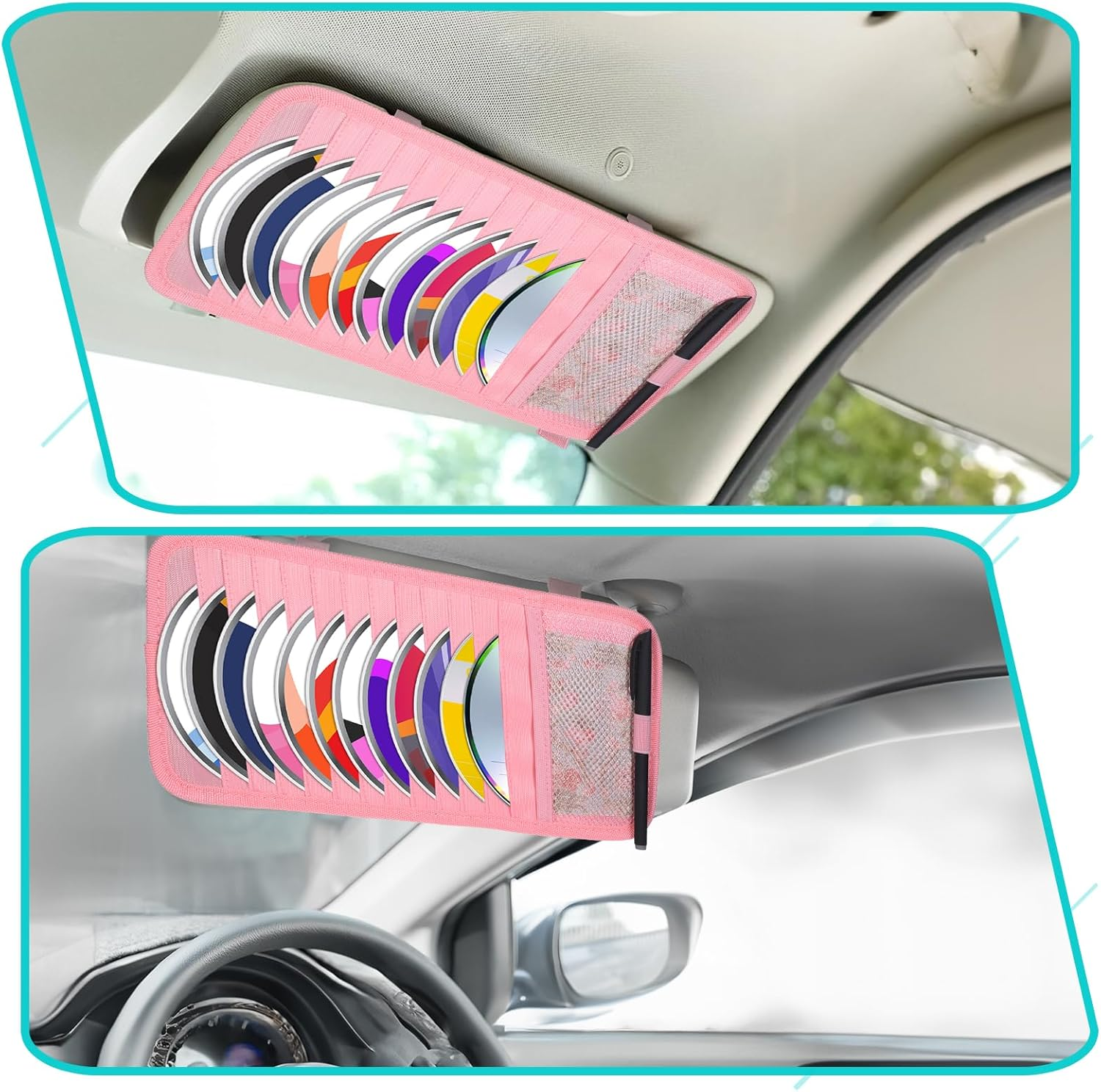 Trinkrittey CD Holder for Car Visor, Vehicle Sun Visor Organizer Large Capacity with 12 DVD Storage Sleeves 1 Mesh Pocket 1 Pen Holder and Elastic Strap