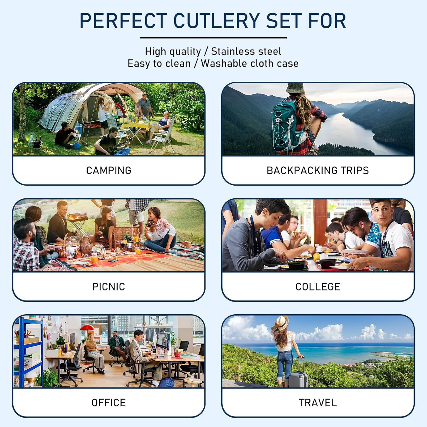 Portable Utensils Dinnerware Set, Travel Camping Cutlery Set - Including Knife Fork Spoon Chopsticks Cleaning Brush Straws Portable Case, 8 Piece Stainless Steel Flatware (Black Cutlery) image number 5