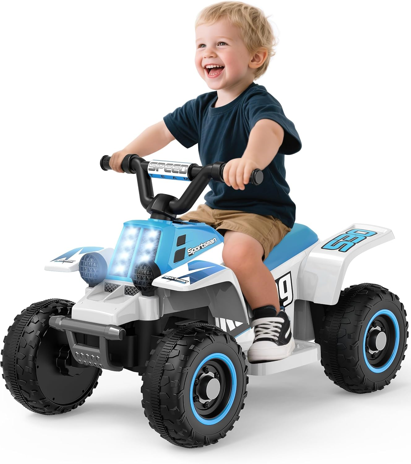 ANPABO 6V 7AH Kids ATV Ride on Toy, 4 Wheeler for Toddler W/Headlight, Forward & Reverse, Horn, Music Player, USB, MP3, Treaded Tires, Ideal for Toddlers(Blue-White)