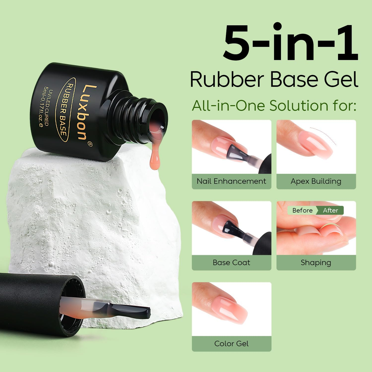 Luxbon 5 in 1 Rubber Base Colour Gel Nail Polish Set, 6 Colours Apex Building Self-Leveling Nude Gel Polish Pink Peach Nail Polish Neutral Sheer for Nails UV LED Soak off Gifts for Women Kit 008 - Lb6006 image number 5