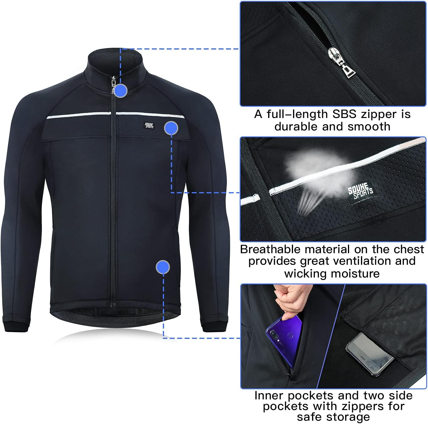 Souke Sports Men'S Winter Cycling Jacket Warm Windproof Running Thermal Windbreaker Bike image number 6