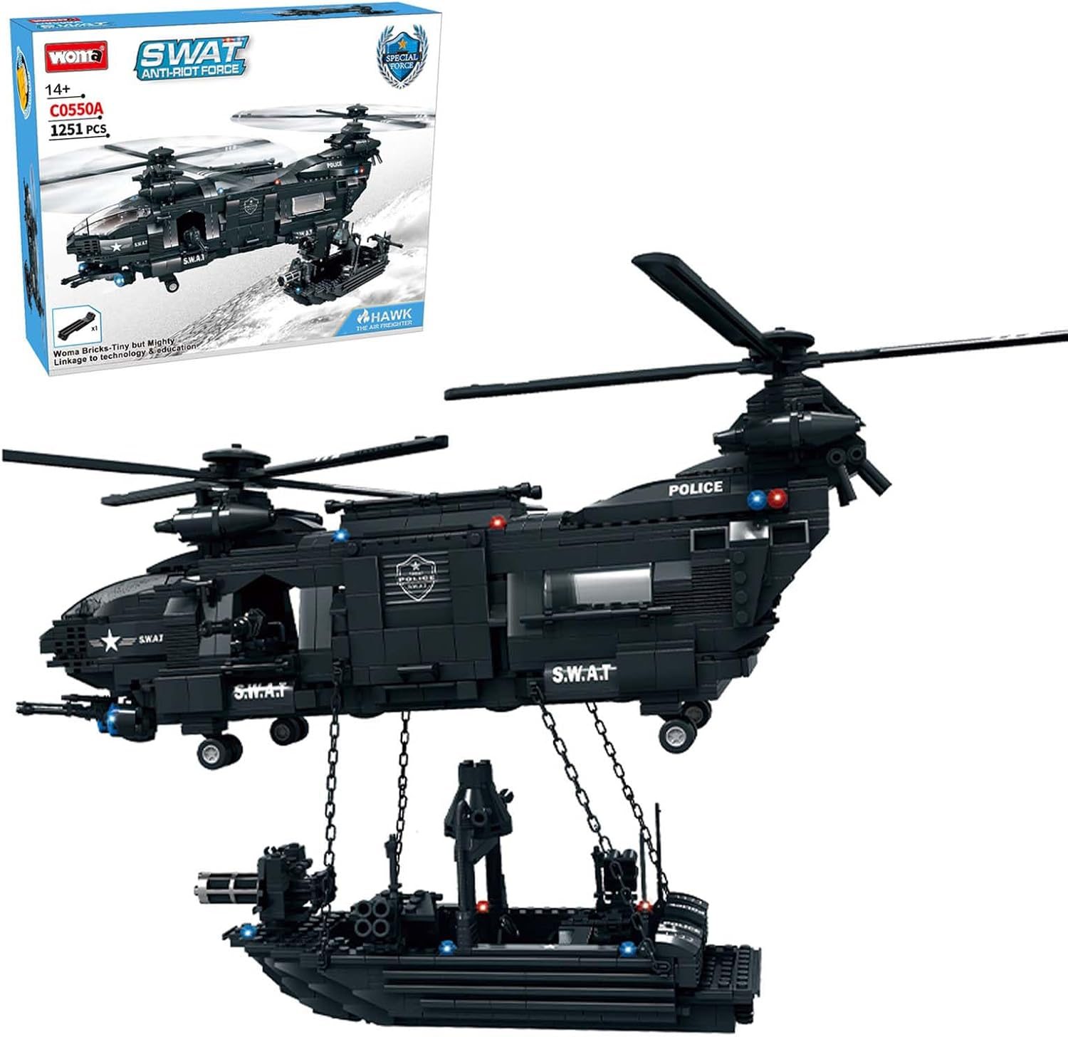 WOMA Pave Hawk Helicopter Building Block Set, SWAT Airplane with Warship Building Kit, 1251 PCS Military STEM Toys for Kids 6-12 image number 2