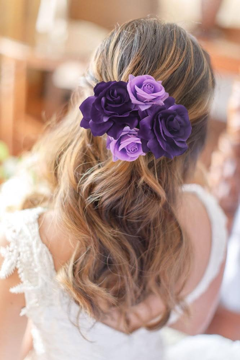 4 Pcs Rose Hair Clip - Flower Hairpin Brooch-Fabric Floral Clips - Hair Flowers Pin (Purple)