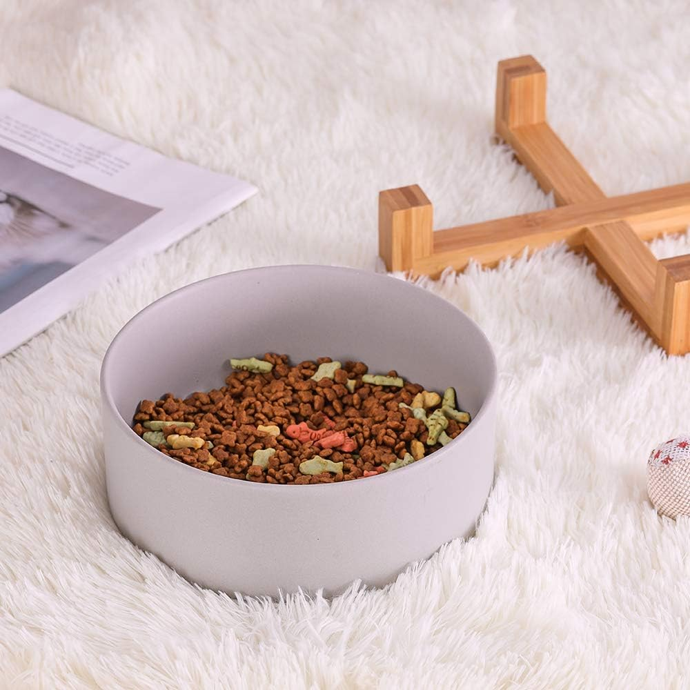 Grey Ceramic Dog Bowls with Wood Stand, Dog Water Bowls and Food Dish, Heavy Weighted or No Tip over Dog Comfort Food Bowls, Stoneware Pet Bowl,Extra High Capacity 8.4" Diameter, for Large Dogs